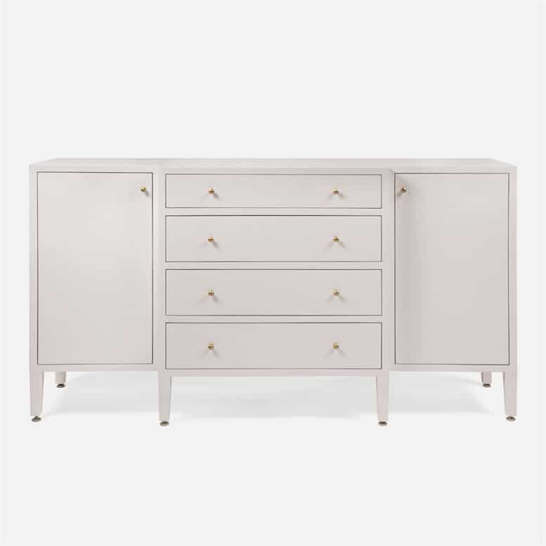 Hilton cast resin faux raffia buffet, four drawers and two adjustable shelves, shown in off white.