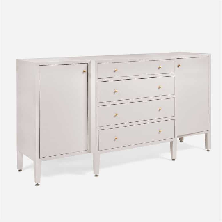 Hilton Cast Resin Faux Raffia Buffet in Off White with Four Drawers and Two Adjustable Shelves.