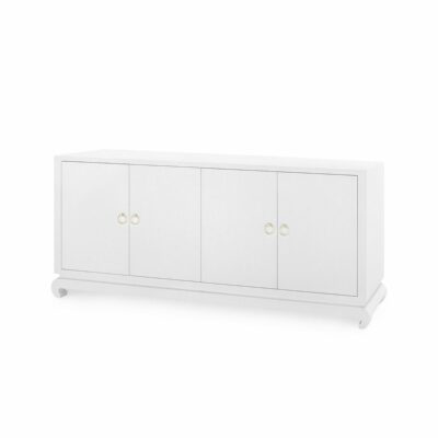 Side view of extra large Tanka lacquered grasscloth buffet with stained interior gold finish ring pulls and adjustable shelves available in various