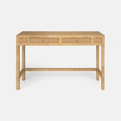 Small peeled rattan console with two drawers; available in natural, French gray, onyx, white or smoke finish.