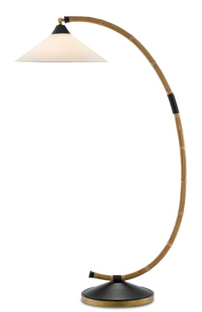 Modern floor lamp with curved brass stem and rattan accents, featuring black base and white shade.