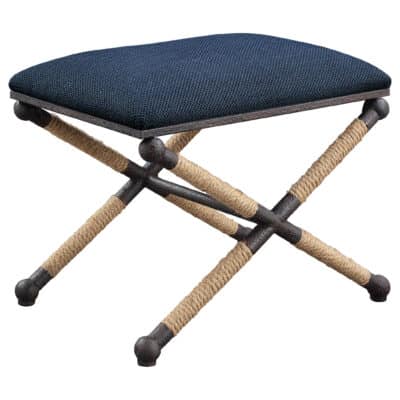 Backman navy stool, rustic iron frame, rope detailing.