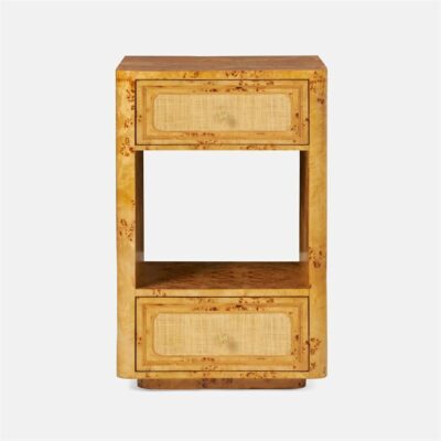 Small wooden nightstand with two drawers and textured golden knobs.