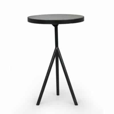 Black tripod side table with rounded bluestone top.