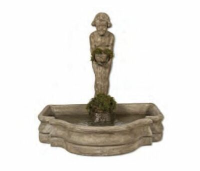 Boy fountain statue pouring water from cup into basin, French wax finish.