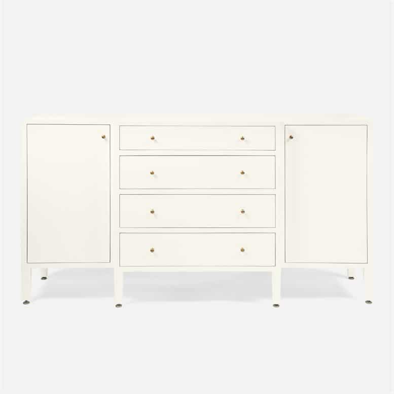 White faux raffia buffet with four drawers and two adjustable shelves, available in multiple colors.