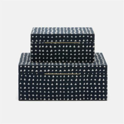 Navy blue canvas boxes featuring white polka dots, one large and one small, with a distressed texture and gold handles.