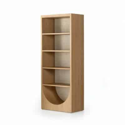 Wooden bookcase with curved design and natural woven texture
