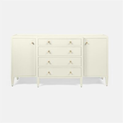 White buffet with two doors, four drawers, and European style pulls against white wall.