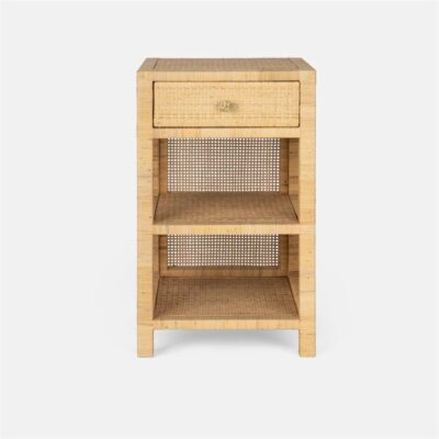 Small peeled rattan nightstand with double shelves, soft close drawer, and wood interior featuring a flower patterned gold knob.