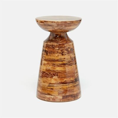 Curvy tapered side table in banana bark material with varying brown tones.