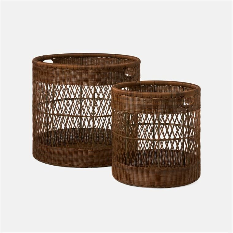 Set of two outdoor faux rattan baskets, one large and one small, available to order in off white, chestnut or graywashed finishes.