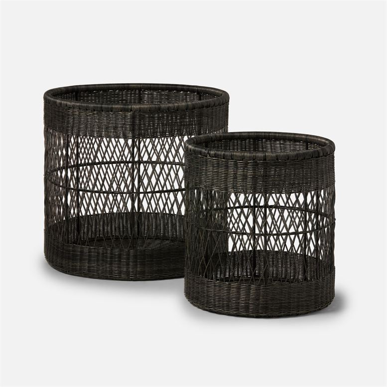 Two decorative wicker baskets, one larger than the other, presented against a neutral background, showcasing their intricate lattice weave texture and design.
