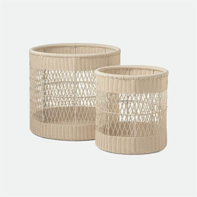 Two wicker baskets with lattice weave design available in off white chestnut or graywashed finish for outdoor use 25 5 D x