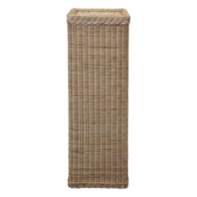 A woven square pedestal with a natural texture and a simple design typically used as an accessory in home decor or event