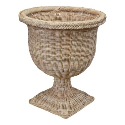 Round wicker basket with square base, featuring a braided texture design on both top and bottom sections.
