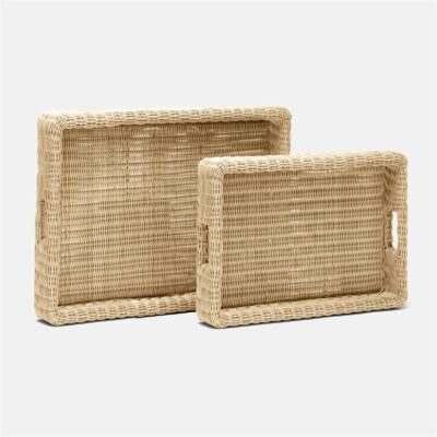 Two wicker trays on display one large and one small The larger tray has a chestnut finish while the smaller tray is