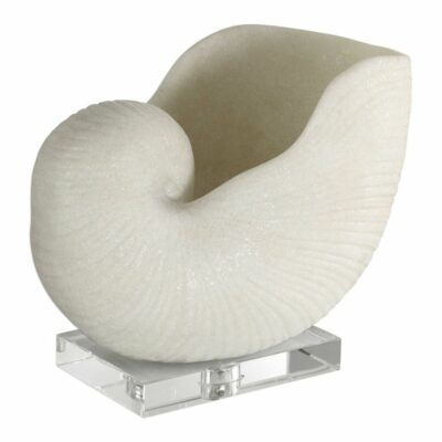Nautilus shell sculpture on crystal base, white ceramic shell with intricate details on a clear stand.