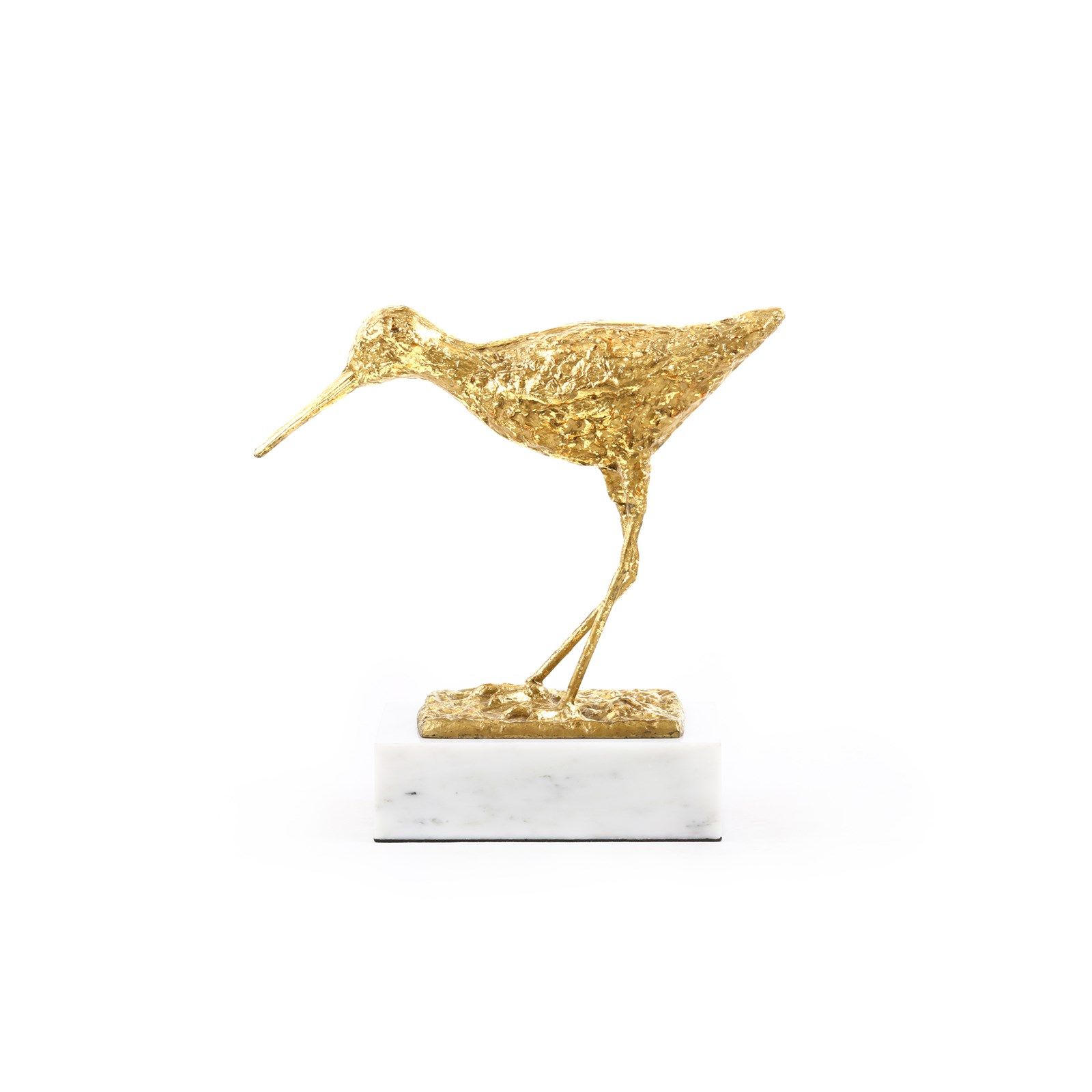 A gold-toned sculpture of a bird perched on a marble base, presented against a white background.