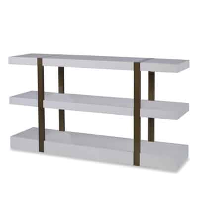 White and brown three-tier console with brass hardware, available in smooth white gesso or warm dark oak finish.