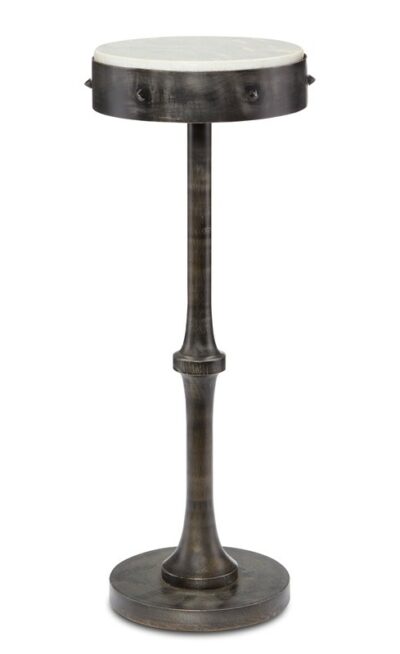 Antique black cast iron table with white marble top, standing alone against a plain background.