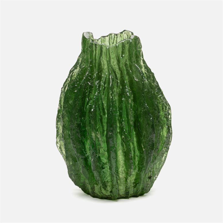 Small green translucent resin vase on a white background