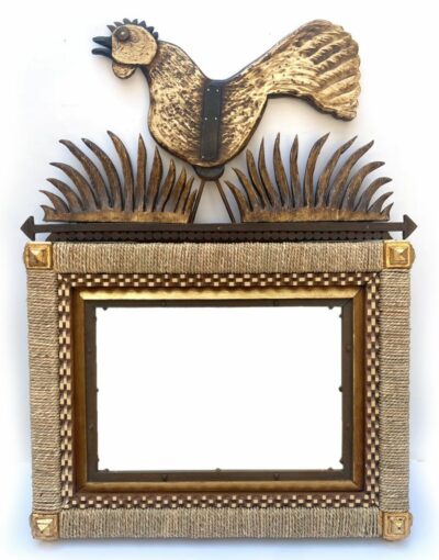 Handcrafted mirror featuring a rooster motif set against a white background with rope details and iron trim The mirror has a golden