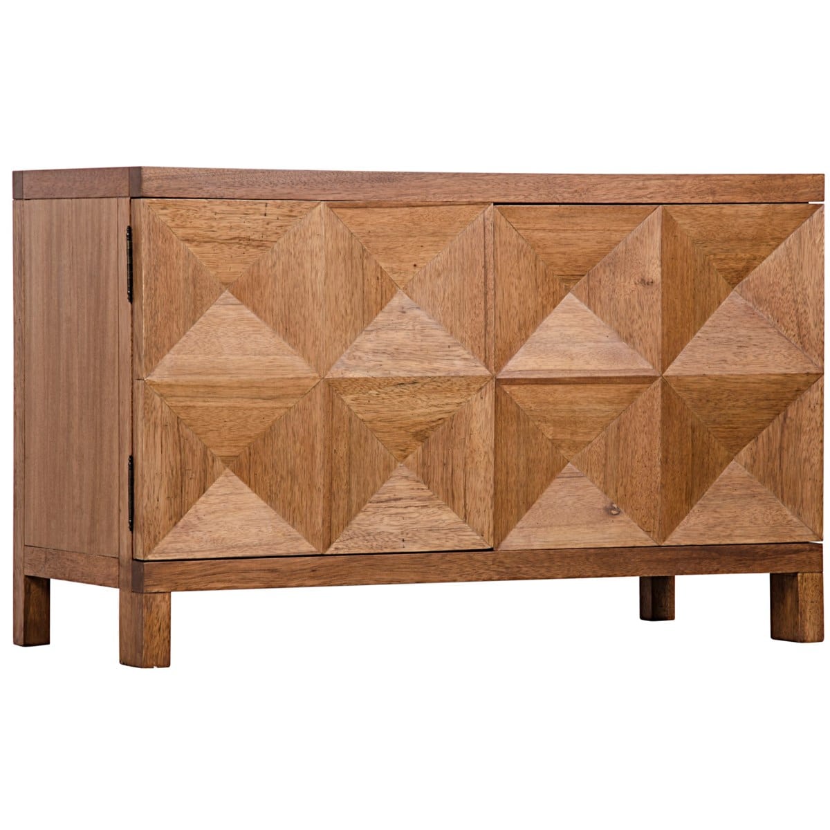 Small wooden buffet with quadrant design and two doors, exhibiting a dark walnut finish