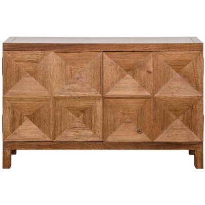 The image showcases a small wooden buffet exhibiting a dark walnut finish It features two doors with each door adorned with a