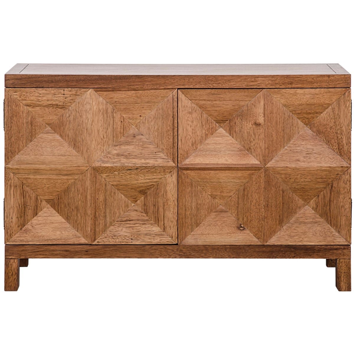 The image showcases a small wooden buffet exhibiting a dark walnut finish It features two doors with each door adorned with a