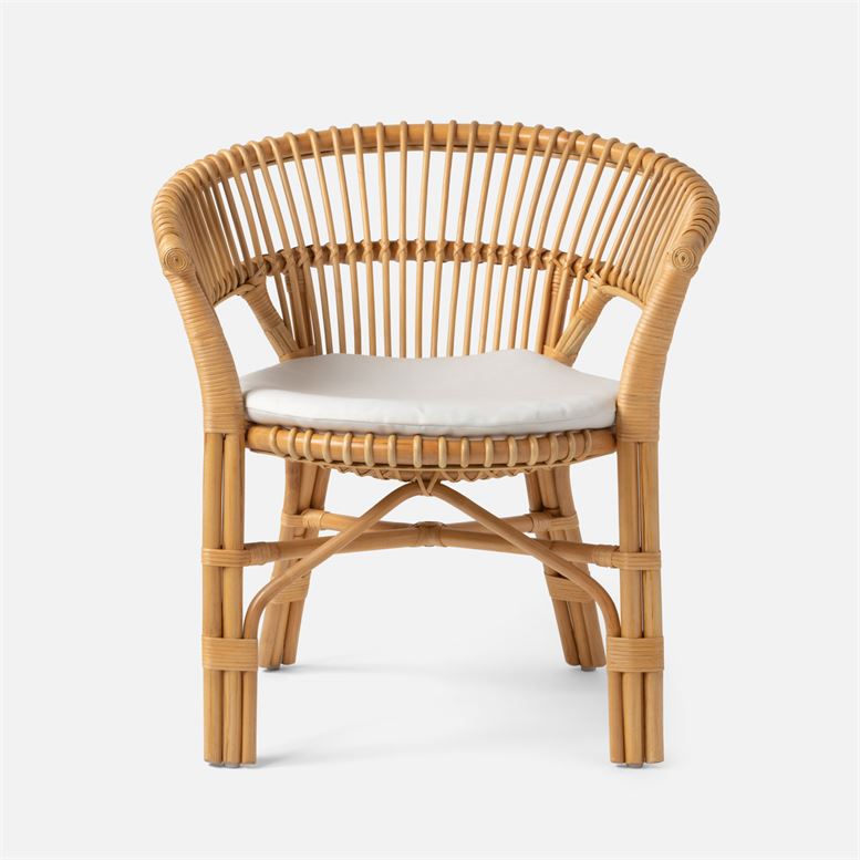 Bamboo frame woven rattan dining chair with double rail back and flared arm, round seat cushion.