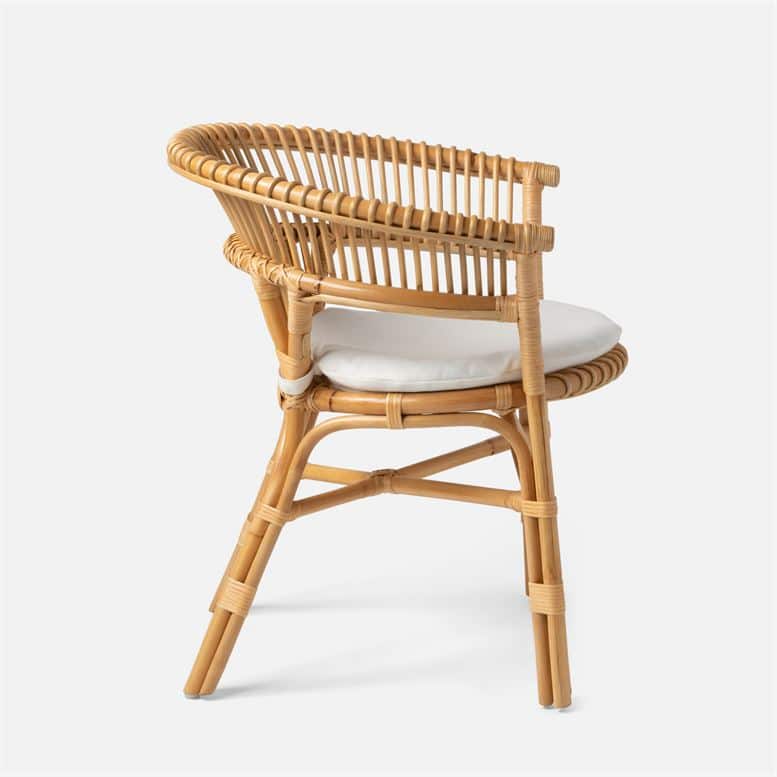 Bamboo wicker dining chair with a barrel backrest, featuring a cushioned seat and double-rail back design.