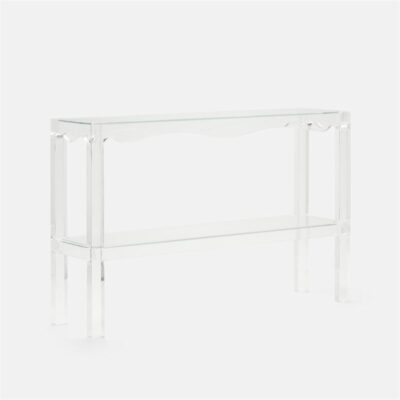 A clear acrylic two-tier console table with a wavy design and a scalloped top apron, set against a white background.