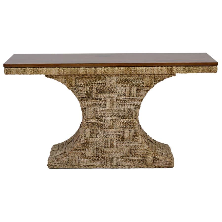 The image displays a wooden console table with a distinctive curved shape featuring a woven rope base that contrasts with its flat