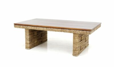 Rectangular coffee table with woven base and teak top