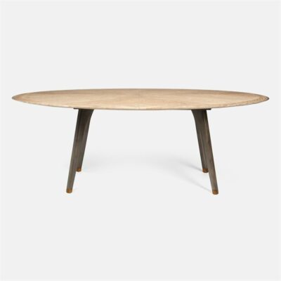 An oval-shaped wooden dining table with gray stained legs, placed against a white background.