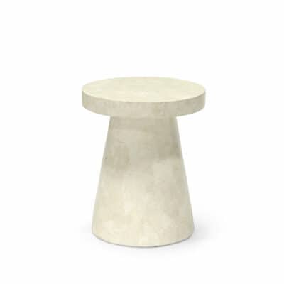 Small white stone side table with a fiberglass base, suitable for outdoor use.