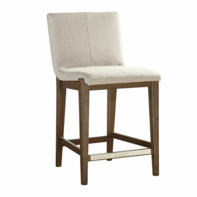 A light brown wooden bar stool with a grey cushioned seat, set against a white background.
