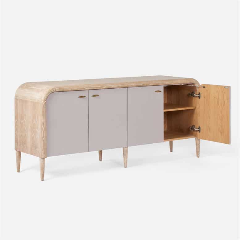 A vintage faux shagreen buffet with a whitewashed oak finish, available in French gray, off-white or pristine colors.