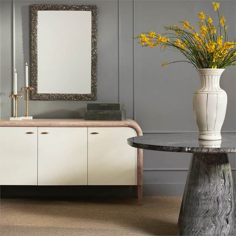 The image showcases a stylish Frey faux shagreen buffet It features a striking combination of a vintage-inspired faux shagreen finish on top