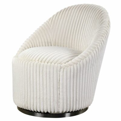 Fluted Ivory Chenille Swivel Chair with stainless steel base featuring a luxurious white fabric upholstery and a sleek black nickel finish on