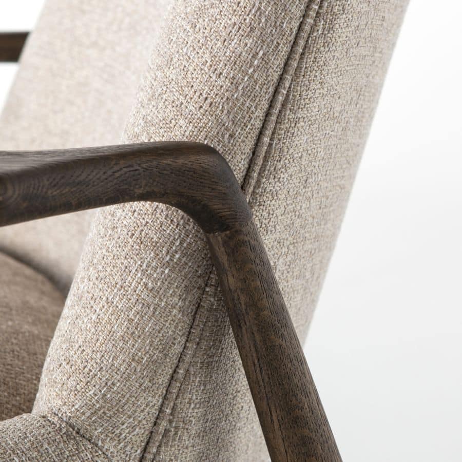 This is a product image of the Bradley Lounge Arm Chair featuring a light camel upholstery with a warm nettlewood oak frame