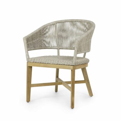 An outdoor wicker chair with synthetic abaca upholstery and teak legs, featuring a light brown hue and powder-coated metal frame.