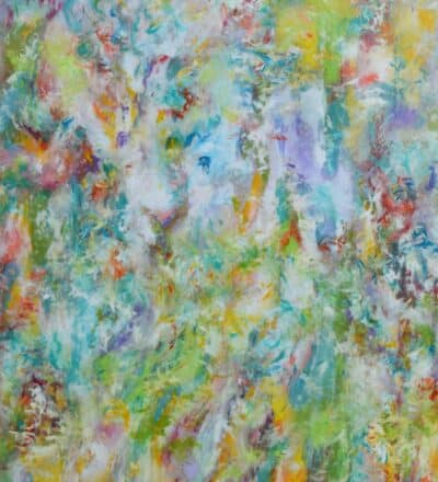 Colorful abstract art on canvas, featuring vibrant blends of yellow, blue, and green.