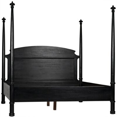 Black wooden bed frame with four posts and a headboard, presented in a side view, showcasing its design and structure.
