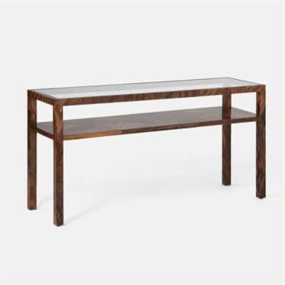 Rectangular console table with dark wood finish, featuring geometric design elements and a glass shelf on top.