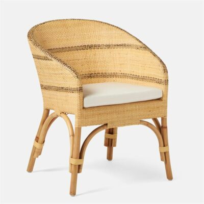 The image showcases a handwoven rattan chair with weathered brown stripes featuring a cushioned seat and backrest It has four legs with