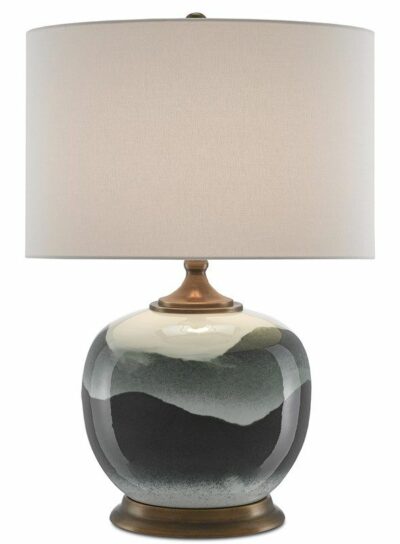Ginger jar lamp with white shade featuring green glazed finish on a round base The lamp has a metallic tone and is