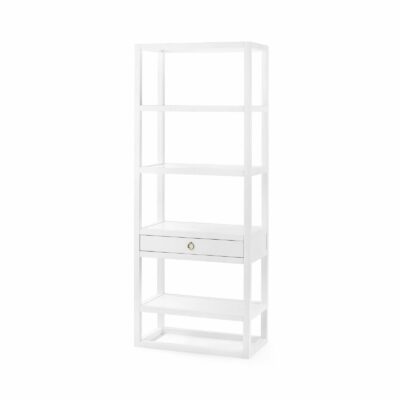White lacquered four-tiered bookshelf, each tier featuring a brass ring pull for easy access to contents.