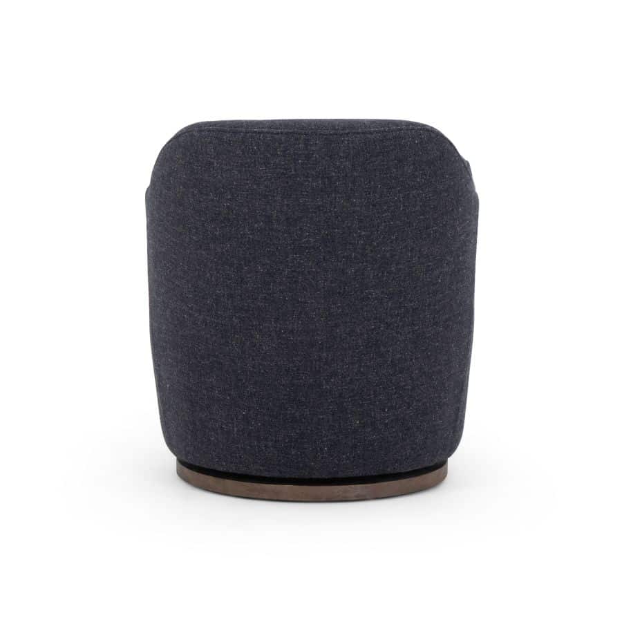 A small round blue grey chair with a natural parawood base The chair features a textured fabric upholstery and is part of